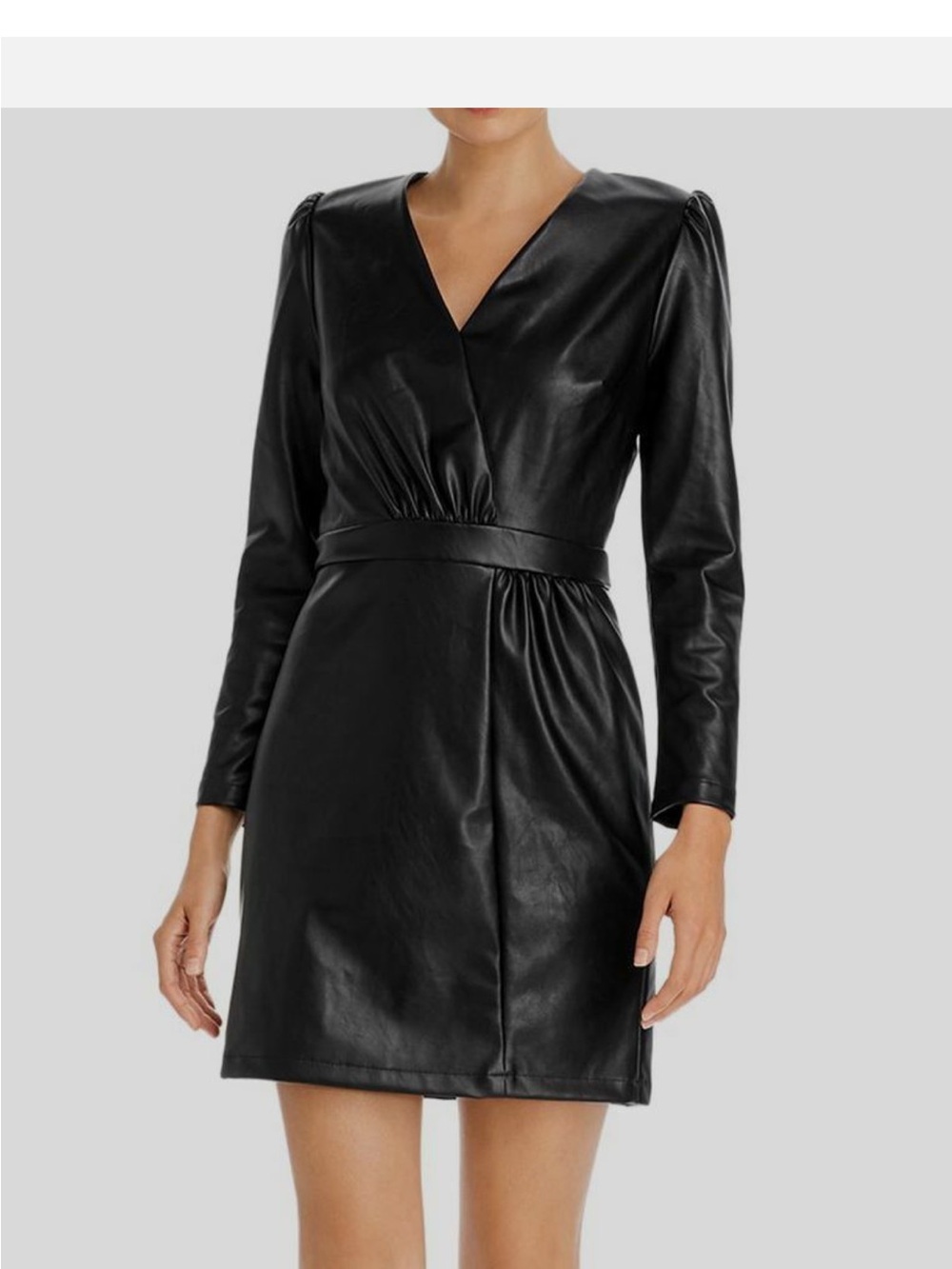 Lucy Paris Women's Black Faux Leather Puff-Sleeve V-Neck Mini Dress